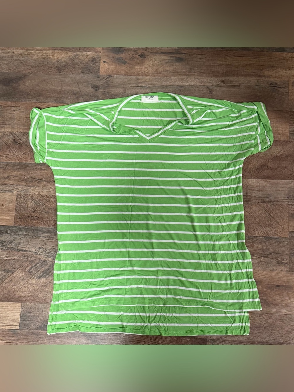 Zenana Outfitters Lime Green & White Striped V-Neck Tee